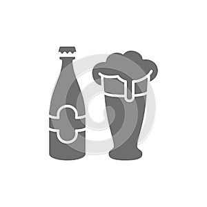 Vector bottle and beer glass grey icon.