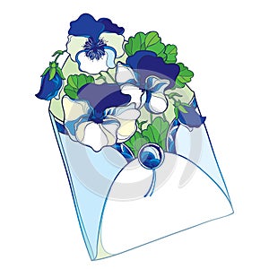 Vector bouquet with outline blue and white Pansy or Heartsease or Viola tricolor flower and leaf in open craft envelope isolated.