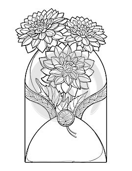 Vector bouquet of outline Dahlia or Dalia flower and ornate leaf in open craft envelope in black isolated on white background.