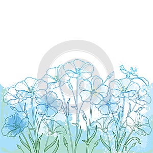Vector bouquet with outline Flax plant or Linseed or Linum flower bunch, bud and leaf in blue on the textured pastel background. photo