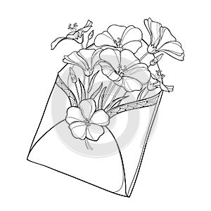 Vector bouquet with outline Flax plant or Linum in open craft envelope. Flower bunch, bud and leaf in black isolated on white.