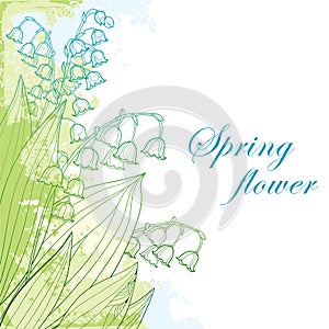 Vector bouquet with outline Lily of the valley or Convallaria flower and leaf in pastel green and blue on the white background.