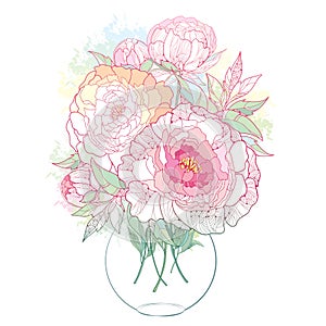Vector bouquet with outline ornate peony flower and leaves in pink pastel colors in the round transparent vase isolated on white.
