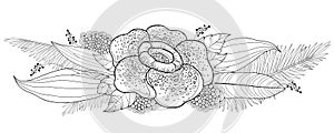 Vector bouquet of outline tropical Rafflesia arnoldii or corpse lily flower and palm leaf in black isolated on white background.