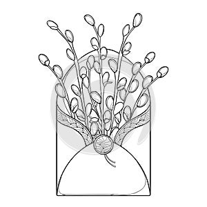 Vector bouquet with outline Willow branch in open craft envelope in black isolated on white background. Twig with contour Willow.