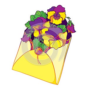 Vector bouquet with outline yellow and violet Pansy or Heartsease or Viola tricolor flower and leaf in open envelope isolated.