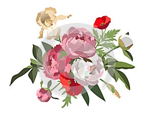 Vector bouquet of pink, white peonies, yellow iris flowers and red poppies isolated on a white background.