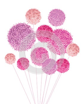 Vector Bouquet Of Pom Poms Baby Girl Pink Decorative Element. Great for nursery room, handmade cards, invitations, baby