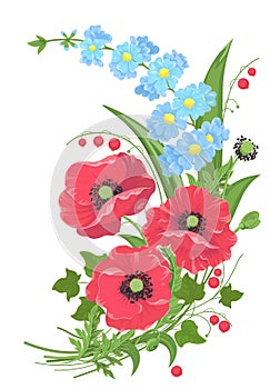 Vector bouquet with poppies and forget-me-stems leaves and red berries on white background. Style of watercolor painting