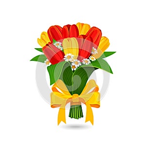 Vector bouquet of red, yellow tulip with a yellow