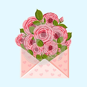 Vector bouquet of roses inside an envelope. Floral illustration for greeting card, poster, invitation, decor etc