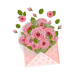 Vector bouquet of roses inside an envelope. Floral illustration for greeting card, poster, invitation, decor etc
