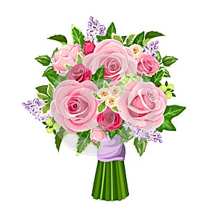 Vector bouquet of roses, lilac flowers and ivy leaves.