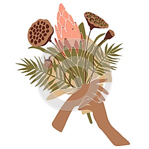 Vector bouquet in woman hands. Dry tropical fan palm leaves, red branches, exotic protea, lotus flower isolated on white