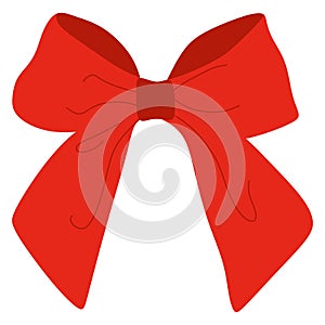 Vector bow Illustration. Isolated long red ribbon and big bow with two tails. Colorful satin stretching line. Holiday concept. New