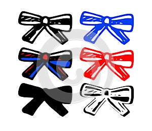 Vector bow tie made of a striped ribbon of red, white and blue color, tied with a bow. hand-drawn set of isolated striped bows,