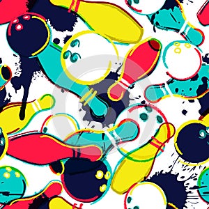 Vector bowling seamless pattern. Bowling ball and pins on watercolor background. Design for fashion textile print