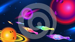 Vector bowling space cosmic ball and pin, abstract planet, galaxy, star, background bowling illustration photo