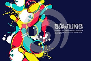 Vector bowling watercolor illustration. Balls and pins on colorful splash background. Design for banner, poster or flyer