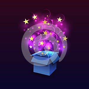 Vector Box with Fying Outside Magic Lights, Glittering Textured Stars, Blue and Ultra Violet Color.