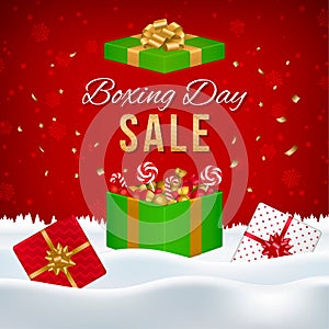 Vector Boxing Day sale banner with gift boxes and text.