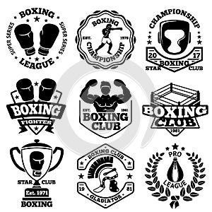 Vector Boxing labels set with - boxer, helmet, gladiator, goblet, laurel, ring, gloves
