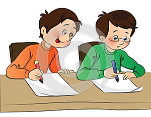 Vector of boy copying from other student`s paper