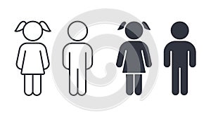 Vector boy and girl icons. Editable stroke. Set of line silhouette icons of children. Kids signs toilet changing room bathroom.