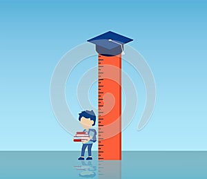 Vector of a boy holding books standing by a ruler with graduation cap on top