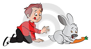 Vector of boy hungrily looking at rabbit eating a carrot