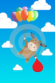 Vector Boy in Reindeer costume holding Colorful Balloon in Day Blue Sky