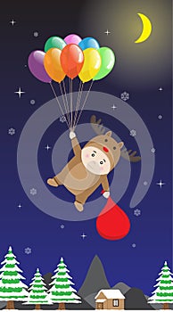 Vector Boy in Reindeer costume holding Colorful Balloon in Night Sky