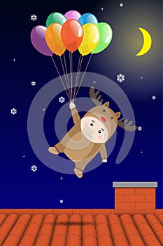 Vector Boy in Reindeer costume holding Colorful Balloon over Roof