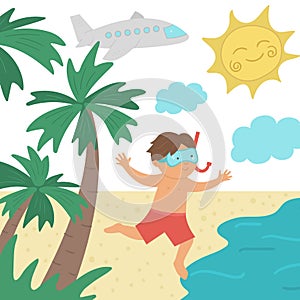 Vector boy running to the sea. Flat tropical beach illustration with funny kid, water, palm trees, sun. Cute summer concept for