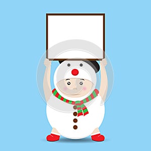 Vector Boy in Snowman costume holding Blank Banner or Sign
