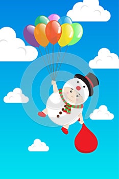 Vector Boy in Snowman costume holding Colorful Balloon in Day Blue Sky