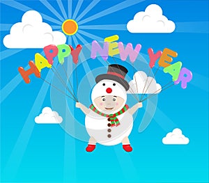 Vector Boy in Snowman costume holding Happy New Year Balloon in Day Blue Sky