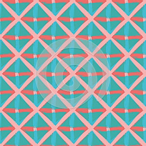 Vector braid effect weave seamless interlace pattern background. Macrame style ribbon plait lattice blue pink backdrop