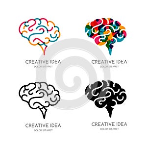 Vector brain logo, sign, or emblem design elements. Outline color human brain, isolated icon.