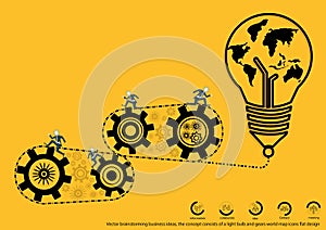 Vector brainstorming business ideas, the concept consists of a light bulb and gears world map icons flat design