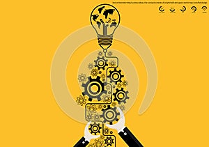 Vector brainstorming business ideas, the concept consists of a light bulb and gears world map icons flat design photo
