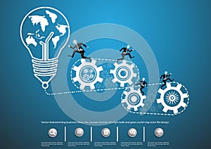 Vector brainstorming business ideas, the concept consists of a light bulb and gears world map icons flat design