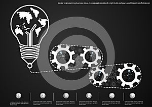 Vector brainstorming business ideas, the concept consists of a light bulb and gears world map icons flat design