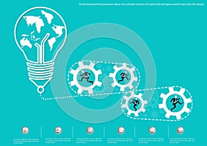 Vector brainstorming business ideas, the concept consists of a light bulb and gears world map icons flat design