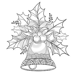 Vector branch with outline leaves and berries of Ilex or Holly berry and ornate bell on white background.