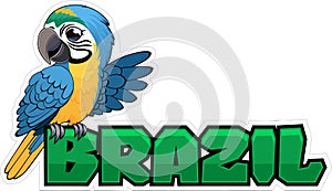 Vector Brazil sticker with Blue-and-yellow macaw ara