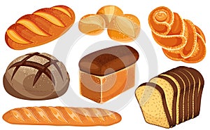 Vector bread icons set. Long loaf, rye bread, baguette, rolls, white bread, sliced bread, brioche.