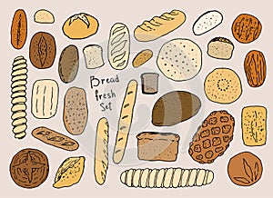 Vector bread set in color. hand-drawn ,doodle-style bread of different types, white and black and gray, different shapes