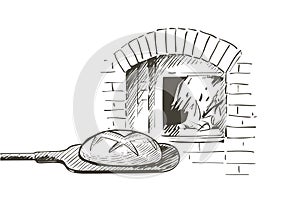 Vector bread on a shovel baked in a wood-fired oven. Vintage line sketch hand-draw illustration