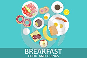 Vector breakfast concept with food and drinks with flat icons. Breakfast design set. reakfast composition sandwich and omelette,
